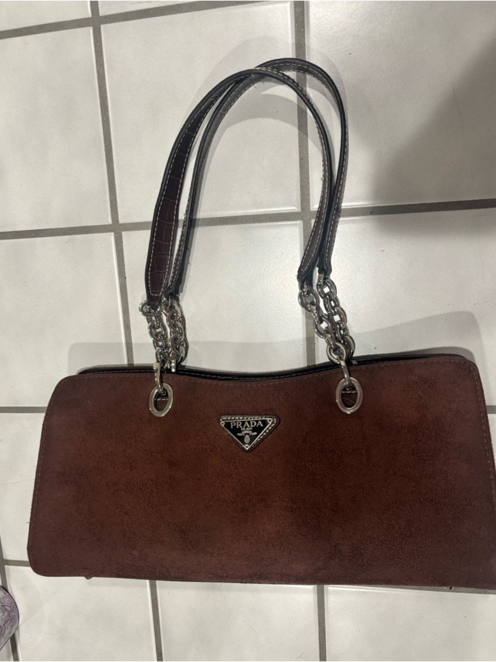 Prada Milano Faux Dark Brown Suede Shoulder Bag with Silver Chain Straps - Picture 2 of 6